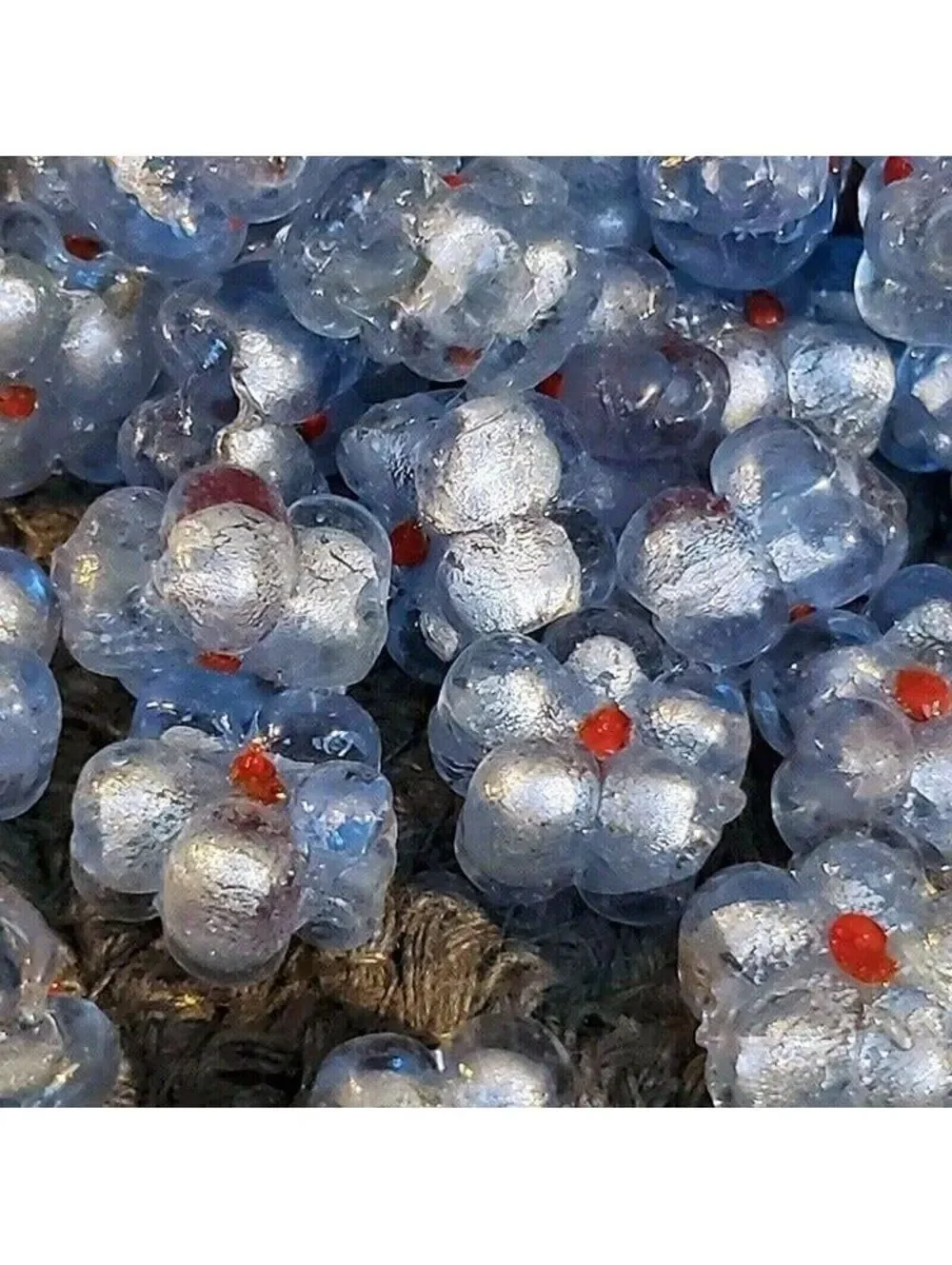 5 Vintage India Glass Icy Blue Flower Beads with Silver Foil